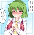  ascot blush breasts check_translation commentary dress_shirt fidgeting green_hair hammer_(sunset_beach) kazami_yuuka large_breasts looking_at_viewer nervous open_mouth plaid plaid_vest red_eyes shirt short_hair solo sweat touhou translation_request twiddling_fingers upper_body vest 