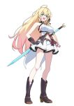  1girl ahoge animal_charm bear_charm black_ribbon blonde_hair blue_eyes boots breasts brown_boots brown_gloves charm_(object) commentary cu_cu_cu earrings full_body gloves gradient_hair hair_ribbon highres jewelry large_breasts long_hair looking_at_viewer multicolored_hair navel noya_(stella_sora) open_mouth orange_hair pleated_skirt ribbon sideboob simple_background single_earring skirt smile solo standing star-shaped_pupils star_(symbol) stella_sora stomach sword sword_on_back symbol-shaped_pupils teeth upper_teeth_only very_long_hair virtual_pet_(toy) weapon weapon_on_back white_background white_skirt 