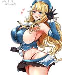  2016 :d adapted_costume areola_slip areolae armpits atago_(kantai_collection) bare_shoulders beret black_gloves black_panties black_skirt blonde_hair blue_eyes blue_skirt blush breasts cleavage commentary_request cowboy_shot crop_top dated detached_sleeves from_side gloves groin hat heart highleg highleg_panties huge_breasts kantai_collection kurokawa_otogi long_hair looking_at_viewer looking_to_the_side microskirt navel open_mouth overskirt panties sideboob skirt smile solo stomach string_panties thong twitter_username underwear wavy_hair white_background 