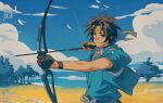  1boy archery arrow_(projectile) artist_name asaba_harumasa asymmetrical_gloves black_gloves black_hair blue_kimono blue_sky bow_(weapon) choker cloud collarbone commentary english_commentary fence field gloves headband holding holding_bow_(weapon) holding_weapon japanese_clothes kaa05n2 kimono kyuudou male_focus mismatched_gloves outdoors parted_bangs partially_fingerless_gloves short_hair sky solo tree weapon wristband yellow_gloves yellow_headband yugake zenless_zone_zero 