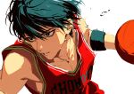  1boy 333takoyaki absurdres armband ball basketball_(object) basketball_jersey basketball_uniform bilingual_commentary black_armband black_eyes black_hair collarbone commentary_request english_commentary eyelashes highres holding holding_ball looking_to_the_side male_focus mixed-language_commentary motion_blur parted_lips playing_sports rukawa_kaede sanpaku short_hair slam_dunk_(series) solo sportswear teeth upper_body white_background 