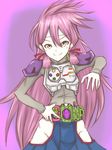  akashi_(kantai_collection) bandana belt blue_skirt breastplate commentary_request gashacon_breaker green_eyes hair_ribbon highres hip_vent holding kamen_rider kamen_rider_ex-aid kamen_rider_ex-aid_(series) kantai_collection long_hair pauldrons pink_hair pleated_skirt ribbon school_uniform serafuku skirt smile solo tress_ribbon yashiki_(gensouyakou) 