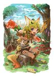  animal_ears armpits axe blonde_hair blue_eyes blurry boned_meat boots canteen city cloud commentary day depth_of_field fantasy fingerless_gloves flower food fox_ears fox_tail gloves grass happy knee_boots knife kyuusugi_toku leaf leaf_on_head leaning_forward looking_at_viewer meat midriff mushroom navel original outstretched_arm pouch reaching_out scarf short_hair short_shorts shorts side_braids sitting sky smile solo tail thigh_strap tree unbuttoned weapon 