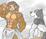  2013 abs biceps big_eyes big_muscles blue_eyes brown_fur canine chin_tuft clothed clothing cute digital_drawing_(artwork) digital_media_(artwork) dog duo eyebrows face_paint fur grey_background grey_fur inner_ear_fluff looking_away male male/male mammal monkey mostly_nude multicolored_fur muscular nude one_eye_closed pecs primate schwartzgeist simple_background standing steam toony topless towel two_tone_fur white_fur 