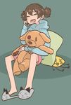  1girl k-on! phone pillow shorts sitting slippers solo stuffed_animal suzuki_jun tagme twintails yuuho 