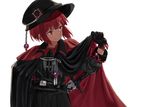  alternate_costume alternate_eye_color alternate_hair_color belt black_cape black_gloves cape cape_tug commentary ear gloves hand_on_hip hat kantai_collection knight long_sleeves looking_to_the_side luicent red_cape red_eyes red_hair sheath sheathed short_hair simple_background solo sword upper_body weapon white_background z3_max_schultz_(kantai_collection) 