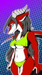  2016 4_fingers 9air anthro big_breasts blue_eyes breasts cleavage clothed clothing digital_media_(artwork) dragon ear_tuft female front_view fur furred_dragon hair halter_top hi_res horn long_hair scalie seimi solo standing tuft 