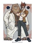  2boys animal_ears anton_ivanov bear_boy bear_ears ben_bigger black_hair black_pants bluesky_username brown_fur claws commentary furry furry_male grin highres looking_at_viewer male_focus multicolored_hair multiple_boys open_clothes open_mouth open_shirt orange_shirt pants scar scar_across_eye scar_on_face shirt smile speech_bubble spoken_sparkle spoken_sweatdrop streaked_hair suit sweat sweatdrop torio3torio white_pants white_shirt white_suit zenless_zone_zero 