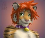  2008 anthro bell black_lips collar eyebrows feline fur gradient_background green_eyes hair joshua looking_at_viewer male mammal orange_fur pink_nose red_hair simple_background smile solo stripes tiger white_fur zen 