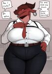  alpine_(ncs) anthro belly belt big_breasts bottomwear breasts clothed clothed_anthro clothed_female clothing collared_shirt curvy_figure dialogue dragon dress_shirt ear_piercing ear_ring english_text facial_horn female front_view fully_clothed fully_clothed_anthro fully_clothed_female hi_res horn huge_breasts mature_anthro mature_female mythological_creature mythological_scalie mythology necktie non-mammal_breasts nose_horn overweight overweight_anthro overweight_female pants piercing red_body red_scales ring_piercing scales scalie shirt solo text thick_thighs topwear wide_hips wingless_dragon xerun 