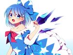  adapted_costume bad_id bad_twitter_id bare_shoulders blue_bow blue_dress blue_eyes blue_hair blush bow breasts cirno collarbone commentary_request dress embellished_costume frilled_dress frills from_side hair_bow hair_ornament ice ice_wings looking_at_viewer looking_to_the_side off-shoulder_dress off_shoulder open_mouth puffy_short_sleeves puffy_sleeves red_bow short_hair short_sleeves small_breasts snowflake_hair_ornament solo star star_print touhou wings you_(noanoamoemoe) 