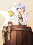 :p ;p alcohol animal_ears arm_support barrel beer beer_mug beige_background belly_peek belt blue_hair blush boots breasts brown_footwear buckle cat_ears cat_tail cup drinking_glass facial_scar foam foot_dangle full_body fur_trim highres holding holding_cup knee_boots medium_breasts neckerchief one_eye_closed orange_eyes original ryota_tentei scar scar_on_cheek short_shorts shorts silver_hair sitting sitting_on_object sleeveless solo tail tongue tongue_out tora_tentei 