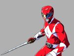  1boy belt bodysuit commentary english_commentary gloves grey_background helmet highres holding holding_sword holding_weapon kyouryuu_sentai_zyuranger male_focus mighty_morphin_power_rangers mighty_morphin_red_ranger mrmiguelart power_rangers red_bodysuit red_helmet solo super_sentai sword tokusatsu toned toned_male tyranno_ranger upper_body weapon white_gloves 