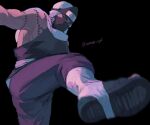  1boy black_background black_pants black_shirt colored_sclera forehead_protector green_eyes highres incoming_kick kakuzu_(naruto) kicking looking_at_viewer male_focus mask mouth_mask naruto_(series) naruto_shippuuden pants red_sclera shirt sleeveless sleeveless_shirt solo stitches takigakure_symbol unno_24 