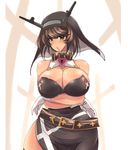  alternate_costume bare_shoulders belt breasts brown_hair cleavage collar collarbone commentary_request costume cross crossed_arms gloves green_eyes habit halloween_costume headgear heart_lock_(kantai_collection) highres huge_breasts kantai_collection looking_at_viewer mutsu_(kantai_collection) notauchi_mawaru_ni-shiki nun short_hair solo veil white_gloves 