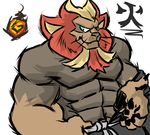  2013 5_fingers abs anthro anthrofied belt biceps big_biceps brown_fur brown_nose clothed clothing colored digital_drawing_(artwork) digital_media_(artwork) front_view fur green_eyes huge_muscles humanoid_hands looking_at_viewer male manly muscular muscular_male nintendo pecs pok&eacute;mon pok&eacute;morph pyroar schwartzgeist shaded simple_background solo topless video_games whiskers white_background 