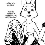  2016 anthro arctic_fox black_and_white blush canine chest_tuft clothed clothing dialogue disney duo english_text female fox jack_savage lagomorph looking_at_viewer male male/female mammal monochrome partially_clothed rabbit replytoanons shoulder_tuft shrug simple_background skye_(zootopia) text tuft white_background zootopia 