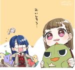  3girls avocado_(love_live!) blue_hair braid brown_cardigan brown_dress brown_hair cardigan center-flap_bangs chibi chibi_inset commentary_request conno-san_(love_live!) dated dollchestra dress drooling gonzales_(love_live!) hasu_no_sora_school_uniform highres holding holding_stuffed_toy hungry kachimachi_kosuzu kanduki_kamibukuro link!_like!_love_live! long_sleeves love_live! mouth_drool multiple_girls murano_sayaka nasu-san_(love_live!) neckerchief o_o open_cardigan open_clothes raised_inner_eyebrows red_neckerchief sailor_collar sailor_dress school_uniform side_braids simple_background stuffed_animal stuffed_avocado stuffed_corn stuffed_dinosaur stuffed_eggplant stuffed_tomato stuffed_toy tomati_(love_live!) translation_request virtual_youtuber white_sailor_collar winter_uniform yellow_background yugiri_tsuzuri 