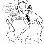  2016 anthro black_and_white clothed clothing dialogue disney duo english_text jack_savage kneeling lagomorph male mammal monochrome rabbit replytoanons simple_background suit text white_background zootopia 