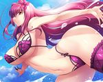  bikini cleavage fate/grand_order garter haganef scathach_(fate/grand_order) swimsuits underboob weapon 