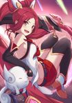  :d black_gloves black_legwear elbow_gloves fingerless_gloves gloves highres itachi_kanade jinx_(league_of_legends) league_of_legends long_hair looking_at_viewer magical_girl midriff open_mouth red_eyes red_hair smile solo star_guardian_jinx thighhighs very_long_hair 