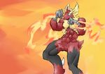  2013 abs action_pose anthro anthrofied biceps big_muscles black_fur blue_eyes colored digital_drawing_(artwork) digital_media_(artwork) front_view fur light male mega_blaziken mega_evolution multicolored_fur muscular muscular_male naturally_censored nintendo no_pupils orange_background orange_theme pecs pok&eacute;mon pok&eacute;morph quads red_fur schwartzgeist shaded simple_background video_games yellow_fur 