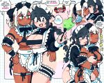  2girls :o abstract_background apron armband black_armband black_bow black_bowtie black_bra black_hair black_nails black_panties black_shirt black_straps black_wrist_cuffs blue_border blue_collar blush border bow bowtie bra braid braided_ponytail breasts breasts_out brown_eyes closed_eyes closed_mouth collar commentary cowboy_shot crab crop_top duster earrings english_commentary english_text fang feather_duster french_kiss frilled_armband frilled_collar frilled_shirt_collar frilled_thigh_strap frills grabbing_another's_breast grabbing_from_behind grey_eyes grid_border groping hand_on_another's_crotch hand_on_another's_thigh hand_on_own_thigh high_ponytail highres holding holding_duster hug hug_from_behind jewelry kiss large_breasts long_hair long_sleeves loose_hair_strand lucia_(scott_malin) maid maid_apron maid_headdress medium_hair multiple_girls multiple_views open_mouth original panties pink_background ponytail raised_eyebrow scott_malin shirt smile speech_bubble sweatdrop thigh_strap tongue tongue_out unconventional_maid underwear white_border white_bow white_hair white_nails white_straps white_wrist_cuffs wrist_cuffs yellow_background yuri 
