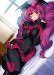  :p bad_end_happy bad_end_precure bat_wings bed_sheet black_bodysuit blush bodysuit breasts covered_navel covered_nipples fingerless_gloves gem gloves head_wings impossible_clothes kazuma_muramasa large_breasts long_hair looking_at_viewer lying nail_polish on_bed on_side precure purple_eyes purple_hair skirt smile_precure! solo tiara tongue tongue_out twintails wings 
