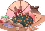  2025 anthro biped blue_eyes bread clothed clothing comic_book container cookie croissant crossed_legs cup dessert doughnut food fur hair hi_res lagomorph leporid lying male mammal mangolynx muffin mug on_front on_ground overweight overweight_anthro overweight_male pastry rabbit red_hair short_tail signature solo tail tan_body tan_fur window 