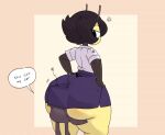 annoyed antenna_wire antennae_(anatomy) anthro arthropod bee big_butt black_hair blue_bottomwear blue_clothing blue_skirt bottomwear butt butt_grab clothing cross-popping_vein dialogue duo electronics eyelashes face_in_ass female for_a_head gats hair hand_on_butt hands_on_hips holding_butt huge_butt hymenopteran insect karri looking_at_another looking_back looking_back_at_another male male/female mouthless object_head rear_view screen screen_face screen_head skirt speech_bubble stinger television thick_thighs topwear tv_head underbutt white_clothing white_topwear