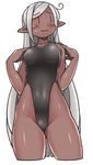  ahoge ass_visible_through_thighs bangs black_swimsuit blush breasts closed_mouth competition_swimsuit cowboy_shot cropped_legs dark_elf dark_skin elf embarrassed eyebrows eyebrows_visible_through_hair groin hands_on_shoulders hands_up highleg highleg_swimsuit highres kurozu_(crozu) long_hair long_pointy_ears looking_away looking_to_the_side medium_breasts one-piece_swimsuit original pointy_ears shiny shiny_skin sidelocks silver_hair simple_background solo sweatdrop swept_bangs swimsuit thighs very_long_hair wavy_mouth white_background |_| 