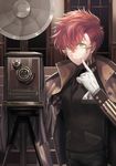  bad_id bad_pixiv_id bellows_camera camera carchet coat forced_smile formal glasses gloves green_eyes jacket_on_shoulders looking_at_viewer male_focus necktie original red_hair solo teeth vest white_gloves 