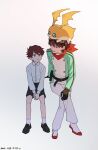  2boys aged_down black_gloves black_shorts brown_hair digimon digimon_(creature) digimon_story:_time_stranger full_body gloves goggles goggles_on_head green_jacket highres invisible_chair jacket male_focus multiple_boys pants patamon red_scarf scarf shirt short_hair shorts simple_background sitting time_paradox white_background white_jacket white_pants white_shirt yuu_(pixiv3042074) yuuki_dan 