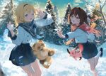  2girls ;d aqua_scarf azki_(hololive) bare_tree black_hairband black_shoes blonde_hair blue_eyes blue_skirt brown_hair commentary_request cosplay creature day double-parted_bangs hairband hands_up highres holding holding_snowball hololive kazama_iroha kazama_iroha_(cosplay) kazama_iroha_(school_uniform) leg_up long_hair long_sleeves multicolored_hair multiple_girls one_eye_closed open_mouth outdoors pioneer_(azki) plaid_clothes plaid_scarf pleated_skirt pokobee red_scarf ryuya scarf school_uniform shirt shoes short_hair skirt smile snow snowball snowball_fight socks standing streaked_hair tree virtual_youtuber white_shirt white_socks 