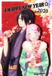 1boy 1girl 2020 :d alternate_costume black_eyes black_hair black_haori closed_mouth couple eyes_visible_through_hair floral_print floral_print_kimono flower green_eyes green_kimono hagoita hair_over_one_eye haori happy_new_year haruno_sakura heart hetero heterochromia highres japanese_clothes kimono long_sleeves looking_at_another mochiii-s naruto_(series) naruto_shippuuden open_mouth paddle pink_hair print_kimono purple_eyes purple_kimono rinnegan short_hair smile teeth twitter_username uchiha_sasuke wide_sleeves 