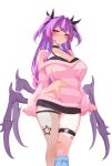  1girl :3 arthropod_girl arthropod_limbs asymmetrical_legwear bandaid bandaid_on_cheek bandaid_on_face bandaid_on_knee bandaid_on_leg bare_shoulders bean_(vtuber) black_choker black_skirt blush breasts center-flap_bangs choker cleavage closed_mouth collarbone commentary commission cowboy_shot double-parted_bangs english_commentary fishnet_thighhighs fishnets hair_intakes hair_ornament highres indie_virtual_youtuber large_breasts long_hair long_sleeves looking_at_viewer miniskirt pink_sweater purple_eyes purple_hair sansha_art second-party_source simple_background single_thighhigh skirt sleeves_past_wrists solo spider_girl star_(symbol) star_hair_ornament striped_clothes striped_sweater sweater thigh_strap thighhighs virtual_youtuber white_background x_hair_ornament 