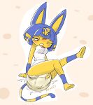  2025 animal_crossing ankha_(animal_crossing) anthro blue_hair blush bodily_fluids clothed clothing diaper diaper_masturbation domestic_cat felid feline felis female floomygami full-face_blush genital_fluids hair hand_on_diaper mammal markings nintendo one_eye_closed one_leg_up pantsless pantsless_female psssh raised_leg solo sound_effects striped_markings striped_tail stripes tail tail_markings touching_diaper unclean_diaper uraeus urine used_diaper vowelless vowelless_sound_effect wearing_diaper wet_diaper wetting wetting_diaper yellow_body 