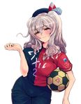  ball bangs beret blue_shorts blush breasts closed_mouth cowboy_shot grey_eyes hat highres holding j._league kantai_collection kashima_(kantai_collection) kashima_antlers large_breasts light_smile looking_at_viewer mityubi multicolored_shirt short_sleeves shorts silver_hair soccer soccer_ball soccer_uniform solo sportswear standing transparent_background twintails wavy_hair wrist_extended 
