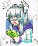  blue_eyes blue_hair breasts comic commentary crocs english glasses highres isaki_tanaka kami_jigen_game_neptune_v kiseijou_rei long_hair medium_breasts neptune_(series) sketch solo traditional_media very_long_hair 