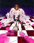  blonde_hair blood blue_eyes boots breasts chain cleavage crown danganronpa danganronpa_1 enoshima_junko hair_ornament highres huge_breasts long_hair mimi_(mini1474) monokuma nail_polish pink_blood sleeves_rolled_up spoilers tile_floor tiles twintails 