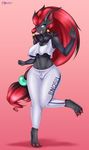  2016 anthro anthrofied big_breasts black_fur black_hair blue_eyes breasts canine claws clothed clothing female footwear fur grey_fur hair hi_res long_hair mammal mleonheart nintendo one_eye_closed pok&eacute;mon pok&eacute;morph red_claws red_hair sandals smile solo sweatpants toe_claws video_games voluptuous wide_hips wink zoroark 