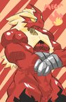  2013 biceps big_biceps blaziken blue_eyes colored crossed_arms digital_drawing_(artwork) digital_media_(artwork) english_text light nintendo nude pecs pok&eacute;mon red_background red_body schwartzgeist shaded simple_background snout standing text toony video_games yellow_sclera 