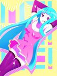  1girl blue_hair breasts cleavage dress elbow_gloves me!me!me! meme_(me!me!me!) panties purple_eyes solo thighhighs tongue tongue_out 