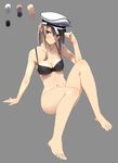  adjusting_clothes adjusting_hat alternate_costume barefoot black_bra blonde_hair blue_eyes blush bottomless bra breasts color_guide full_body graf_zeppelin_(kantai_collection) grey_background hat kantai_collection medium_breasts navel peaked_cap simple_background sitting solo touyama_eight twintails underwear 