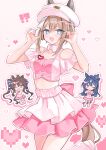  !? 3girls :d ;d @_@ absurdres animal_ears bare_shoulders black_hat blue_eyes blue_hair blue_ribbon breasts brown_hair cheval_grand_(umamusume) chibi cleavage clothing_cutout commentary_request cowboy_shot double-parted_bangs hair_between_eyes hair_ribbon hat heart heart_hands highres horse_ears horse_girl horse_tail leg_warmers long_hair looking_at_viewer making-of_available medium_breasts meni_shuki_rush-sshu! midriff moko_(mokochisa) multicolored_hair multiple_girls one_eye_closed open_mouth own_hands_together pink_background pink_leg_warmers pink_shirt pink_shoes pink_skirt pixel_heart ribbon sailor_hat shirt shoes short_hair_with_long_locks short_sleeves shoulder_cutout siblings sisters skirt smile standing standing_on_one_leg streaked_hair tail twintails umamusume v_sisters verxina_(umamusume) vivlos_(umamusume) white_hair white_hat 