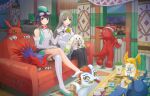  2girls absurdres bare_shoulders bat_(animal) black_eyes black_hair black_pantyhose breasts cellphone closed_eyes coach commentary crossed_legs digimon digimon_(creature) digimon_story:_time_stranger dragon dress elecmon english_commentary flip_phone fuura gomamon green_dress green_eyes grey_eyes grey_hair grey_shirt grey_skirt group_picture guilmon highres holding holding_phone indoors minase_inori miniskirt multiple_girls pantyhose patamon phone picodevimon pleated_skirt seal_(animal) shirt short_dress shoutmon sitting skirt terriermon terriermon_joshu thighhighs twitter_username two-tone_dress white_dress white_thighhighs yuuki_kanan 