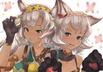  absurdres animal_ears bad_id bad_pixiv_id black_gloves blush cat_ears cat_girl cat_paws claw_pose collarbone dark_skin erune flower gloves granblue_fantasy green_eyes grey_hair hair_flower hair_ornament highres looking_at_viewer melleau multiple_girls nemone open_mouth parted_lips paw_gloves paws platinum_blonde_hair reido_(reido_c) siblings sisters 