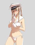  bikini blonde_hair blue_eyes cosplay covered_nipples gloves graf_zeppelin_(kantai_collection) hat highres kantai_collection long_hair peaked_cap sailor_bikini sailor_collar swimsuit touyama_eight twintails white_bikini z3_max_schultz_(kantai_collection) z3_max_schultz_(kantai_collection)_(cosplay) 