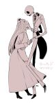  1boy 1girl absurdres alternate_costume full_body highres jack_skellington jacket ksyjkysk long_hair long_sleeves monochrome nurse pinstripe_pattern sally_(nbc) skeleton smile stitches striped_clothes suit the_nightmare_before_christmas vest 