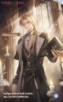  1boy alan_(shining_nikki) arch artist_request belt bible_(object) bishounen black_belt black_coat black_robe blonde_hair book candle character_name church closed_mouth coat collared_shirt commentary copyright_logo cowboy_shot cross cross_earrings cross_pin cross_print day earrings elf english_commentary english_text expressionless fire green_eyes grey_coat high_collar highres holding holding_book indoors jewelry lapel_pin lapels layered_sleeves light_frown light_particles light_rays logo long_hair long_sleeves low_ponytail monocle nikki_(series) notched_lapels official_art open_clothes open_coat pillar pointy_ears ponytail priest print_shirt robe round_eyewear second-party_source shining_nikki shirt sleeve_cuffs solo stained_glass standing sunlight tassel two-sided_coat two-sided_fabric v-neck white_shirt yellow-framed_eyewear 